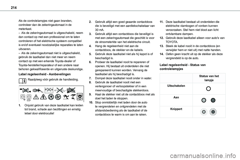TOYOTA PROACE 2023  Instructieboekje (in Dutch) 214
Als de controlelampjes niet gaan branden, controleer dan de zekeringautomaat in de meterkast.– Als de zekeringautomaat is uitgeschakeld, neem dan contact op met een professional om te laten cont