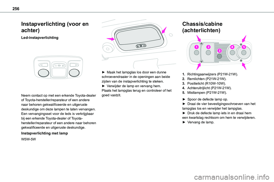 TOYOTA PROACE 2023  Instructieboekje (in Dutch) 256
Instapverlichting (voor en 
achter)
Led-instapverlichting 
 
Neem contact op met een erkende Toyota-dealer of Toyota-hersteller/reparateur of een andere naar behoren gekwalificeerde en uitgeruste 