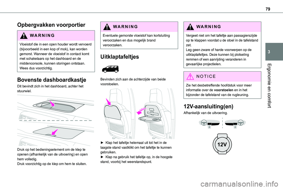 TOYOTA PROACE 2023  Instructieboekje (in Dutch) 79
Ergonomie en comfort
3
Opbergvakken voorportier
WARNI NG
Vloeistof die in een open houder wordt vervoerd (bijvoorbeeld in een kop of mok), kan worden gemorst. Wanneer de vloeistof in contact komt m