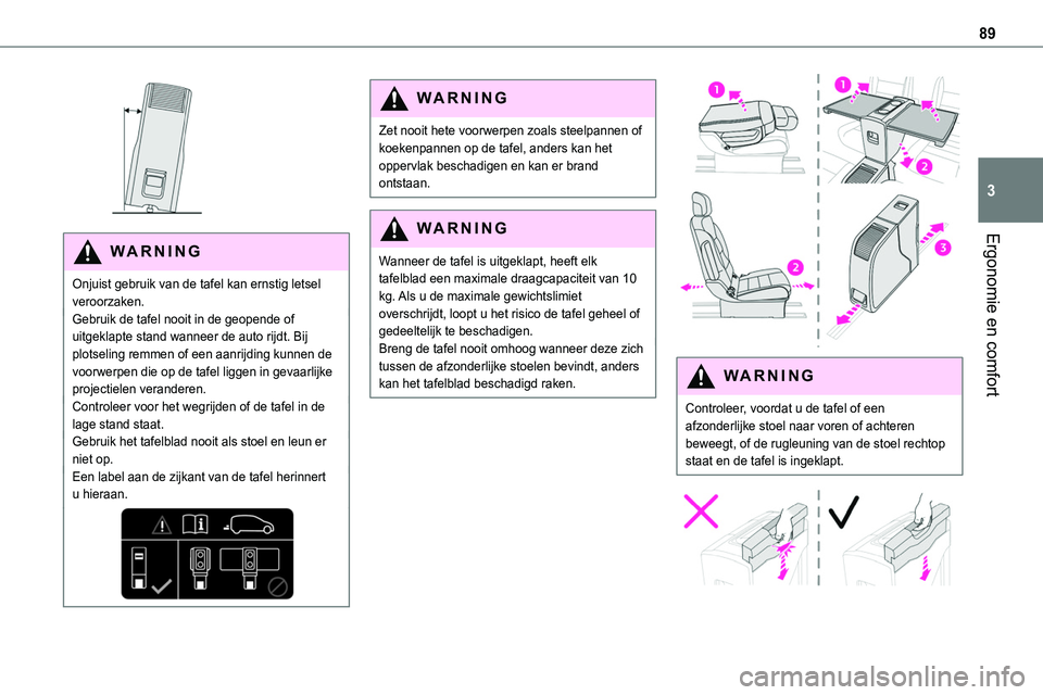 TOYOTA PROACE 2023 Instructieboekje (in Dutch) 89
Ergonomie en comfort
3
WARNI NG
Onjuist gebruik van de tafel kan ernstig letsel veroorzaken.Gebruik de tafel nooit in de geopende of uitgeklapte stand wanneer de auto rijdt. Bij plotseling remmen TOYOTA PROACE 2023 Instructieboekje (in Dutch) 89
Ergonomie en comfort
3
WARNI NG
Onjuist gebruik van de tafel kan ernstig letsel veroorzaken.Gebruik de tafel nooit in de geopende of uitgeklapte stand wanneer de auto rijdt. Bij plotseling remmen