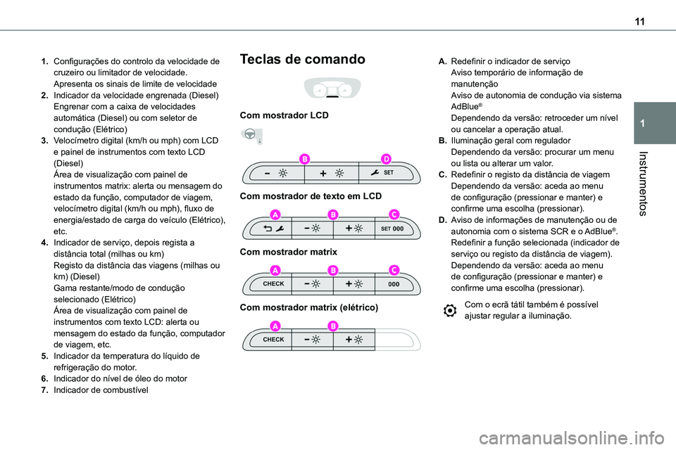 TOYOTA PROACE 2023  Manual de utilização (in Portuguese) 11
Instrumentos
1
1.Configurações do controlo da velocidade de cruzeiro ou limitador de velocidade.Apresenta os sinais de limite de velocidade
2.Indicador da velocidade engrenada (Diesel)Engrenar co