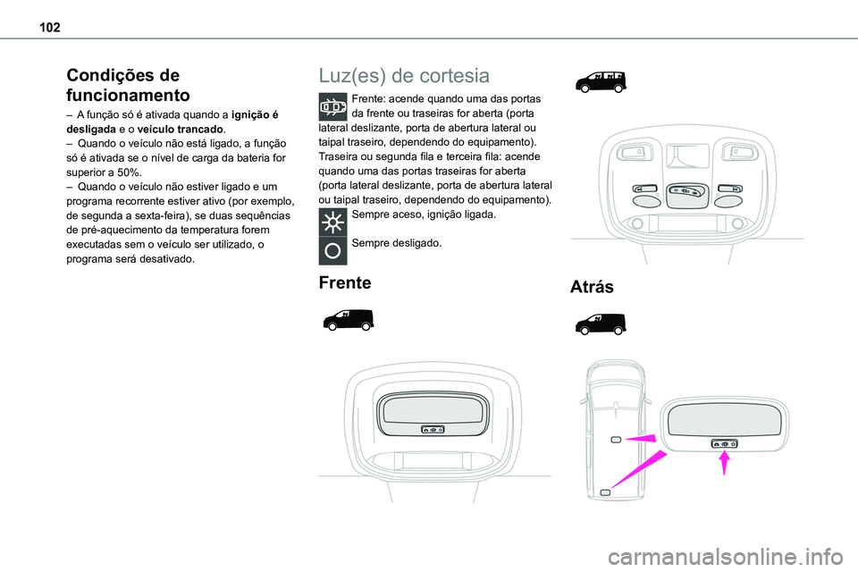 TOYOTA PROACE 2023  Manual de utilização (in Portuguese) 102
Condições de 
funcionamento
– A função só é ativada quando a ignição é desligada e o veículo trancado.–  Quando o veículo não está ligado, a função só é ativada se o nível de