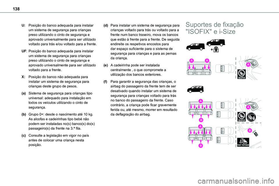 TOYOTA PROACE 2023  Manual de utilização (in Portuguese) 138
U:Posição do banco adequada para instalar um sistema de segurança para crianças preso utilizando o cinto de segurança e aprovado universalmente para ser utilizado voltado para trás e/ou volt
