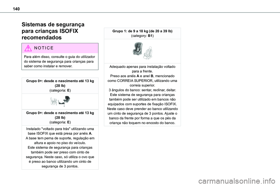 TOYOTA PROACE 2023  Manual de utilização (in Portuguese) 140
Sistemas de segurança 
para crianças ISOFIX 
recomendados
NOTIC E
Para além disso, consulte o guia do utilizador do sistema de segurança para crianças para saber como instalar e remover.
Grup