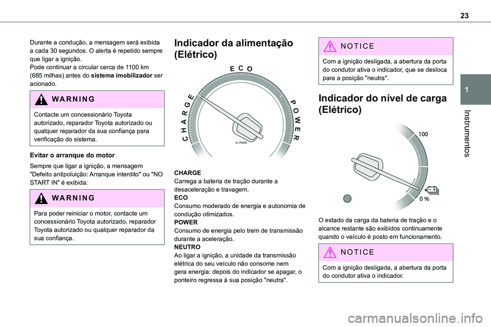 TOYOTA PROACE 2023  Manual de utilização (in Portuguese) 23
Instrumentos
1
Durante a condução, a mensagem será exibida a cada 30 segundos. O alerta é repetido sempre que ligar a ignição.Pode continuar a circular cerca de 1100 km (685 milhas) antes do 