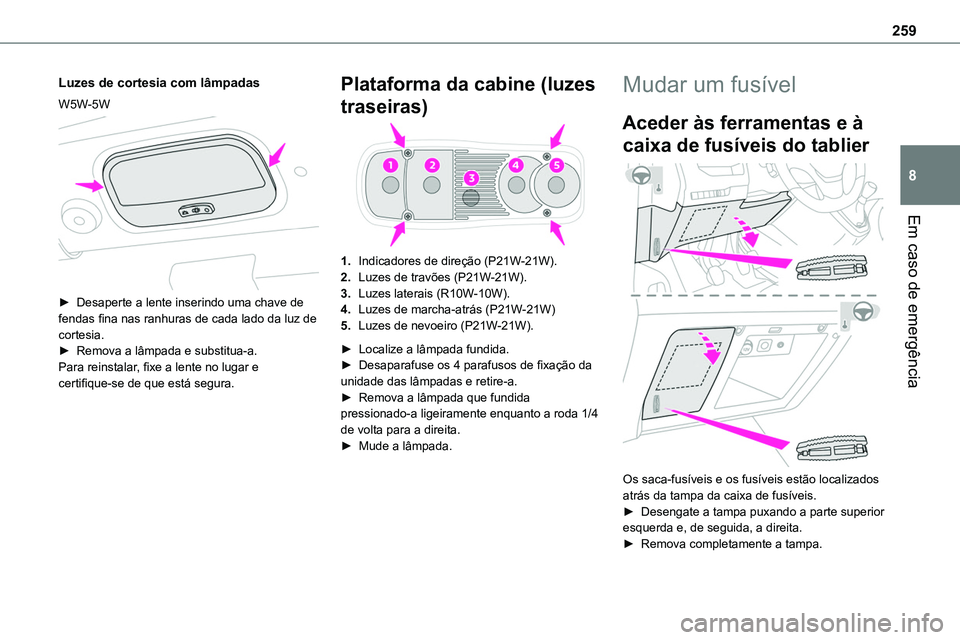 TOYOTA PROACE 2023  Manual de utilização (in Portuguese) 259
Em caso de emergência
8
Luzes de cortesia com lâmpadas
W5W-5W 
 
► Desaperte a lente inserindo uma chave de fendas fina nas ranhuras de cada lado da luz de cortesia.► Remova a lâmpada e sub