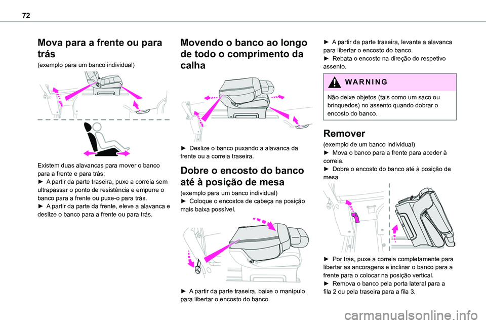 TOYOTA PROACE 2023  Manual de utilização (in Portuguese) 72
Mova para a frente ou para 
trás
(exemplo para um banco individual) 
 
Existem duas alavancas para mover o banco para a frente e para trás:► A partir da parte traseira, puxe a correia sem ultra