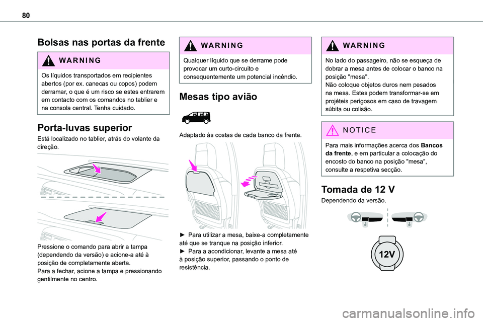 TOYOTA PROACE 2023  Manual de utilização (in Portuguese) 80
Bolsas nas portas da frente
WARNI NG
Os líquidos transportados em recipientes abertos (por ex. canecas ou copos) podem derramar, o que é um risco se estes entrarem em contacto com os comandos no 