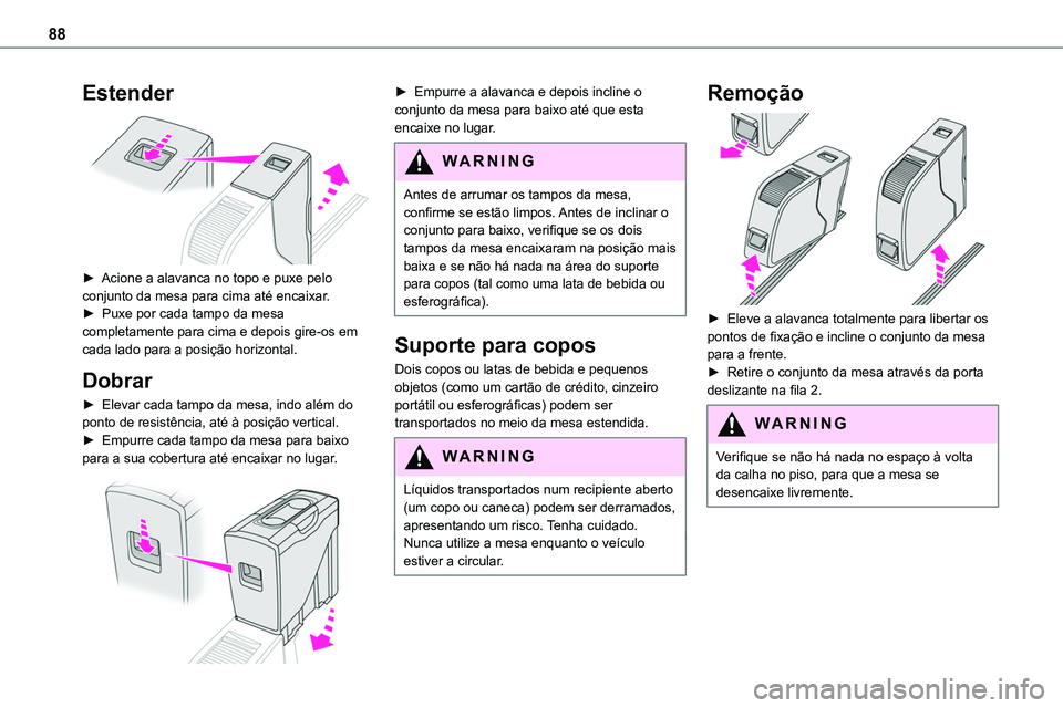 TOYOTA PROACE 2023  Manual de utilização (in Portuguese) 88
Estender 
 
► Acione a alavanca no topo e puxe pelo conjunto da mesa para cima até encaixar.►  Puxe por cada tampo da mesa completamente para cima e depois gire-os em cada lado para a posiçã