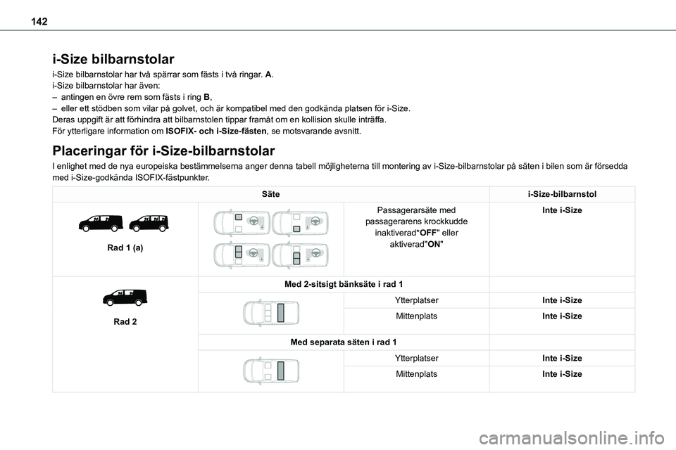 TOYOTA PROACE 2023  Bruksanvisningar (in Swedish) 142
i-Size bilbarnstolar
i-Size bilbarnstolar har två spärrar som fästs i två ringar. A.i-Size bilbarnstolar har även:– antingen en övre rem som fästs i ring B,– eller ett stödben som vila