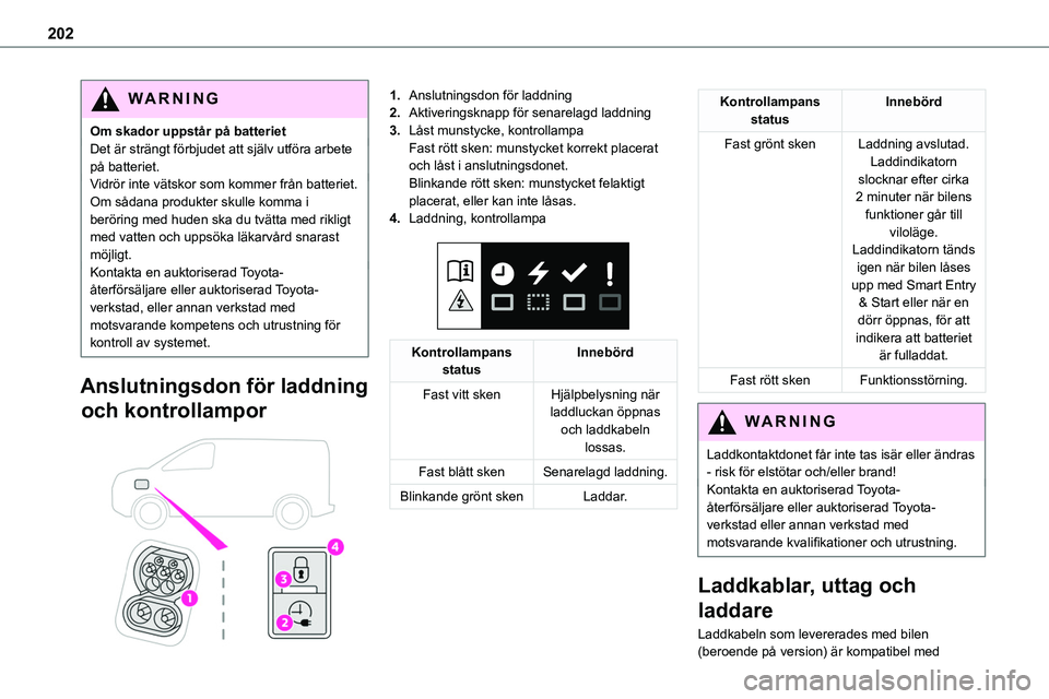 TOYOTA PROACE 2023  Bruksanvisningar (in Swedish) 202
WARNI NG
Om skador uppstår på batterietDet är strängt förbjudet att själv utföra arbete på batteriet.Vidrör inte vätskor som kommer från batteriet. Om sådana produkter skulle komma i b