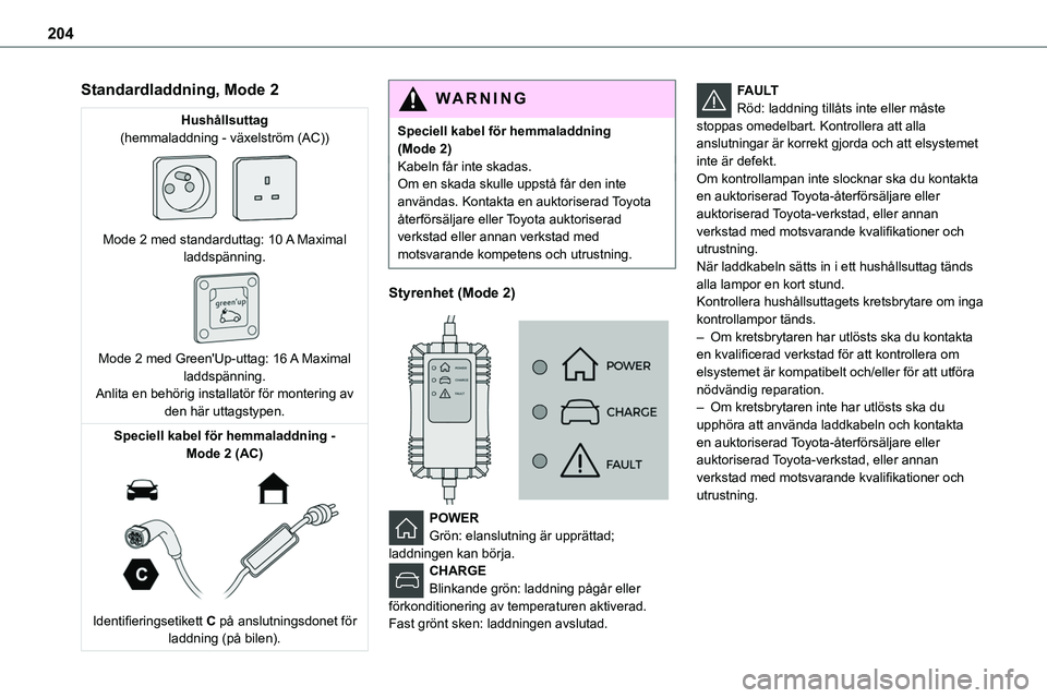 TOYOTA PROACE 2023  Bruksanvisningar (in Swedish) 204
Standardladdning, Mode 2
Hushållsuttag(hemmaladdning - växelström (AC)) 
 
Mode 2 med standarduttag: 10 A Maximal laddspänning. 
 
Mode 2 med Green'Up-uttag: 16  A Maximal laddspänning.An