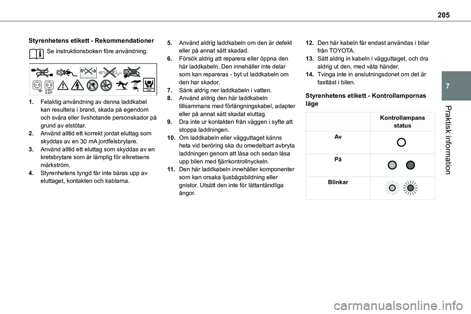 TOYOTA PROACE 2023  Bruksanvisningar (in Swedish) 205
Praktisk information
7
Styrenhetens etikett - Rekommendationer
Se instruktionsboken före användning. 
1.Felaktig användning av denna laddkabel 
kan resultera i brand, skada på egendom och svå