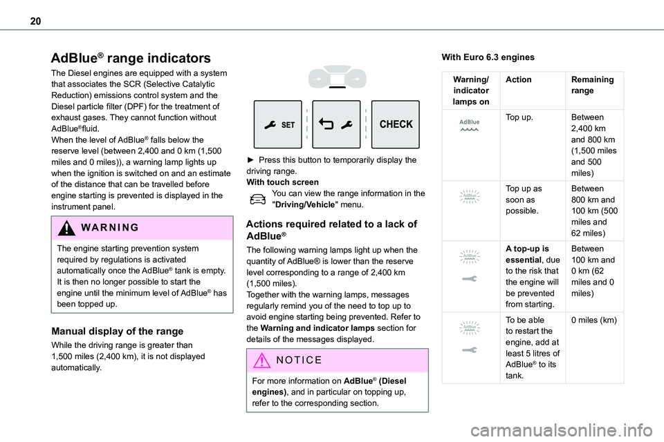 TOYOTA PROACE 2022  Owners Manual 20
AdBlue® range indicators
The Diesel engines are equipped with a system that associates the SCR (Selective Catalytic Reduction) emissions control system and the Diesel particle filter (DPF) for the