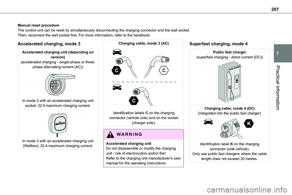 TOYOTA PROACE 2022  Owners Manual 207
Practical information
7
Manual reset procedureThe control unit can be reset by simultaneously disconnecting the chargi\
ng connector and the wall socket.Then, reconnect the wall socket first. For 