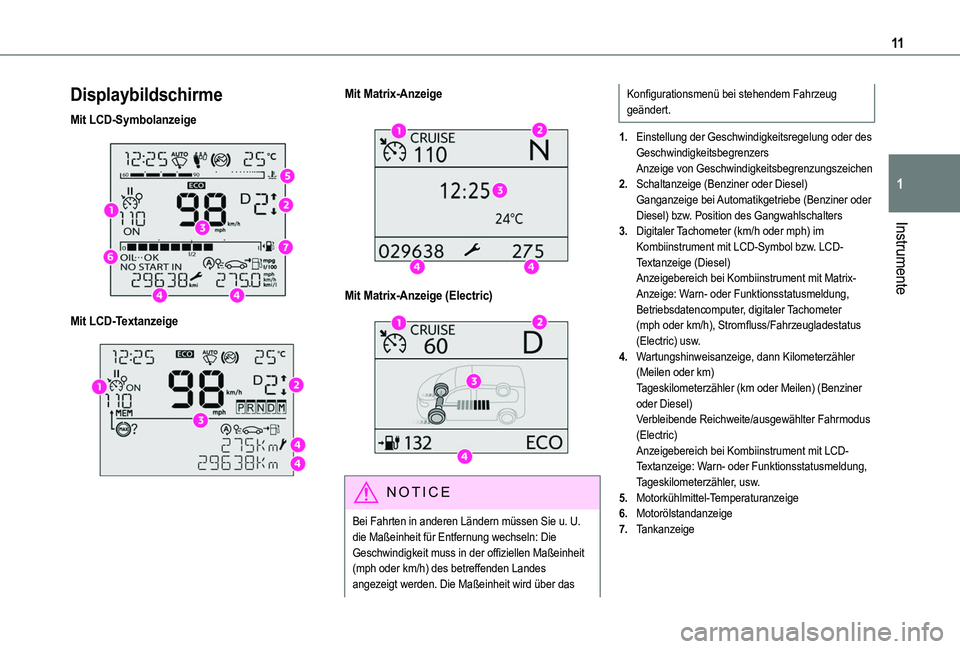 TOYOTA PROACE CITY 2022 Betriebsanleitungen (in German) 11
Instrumente
1
Displaybildschirme
Mit LCD-Symbolanzeige
Mit LCD-Textanzeige
Mit Matrix-Anzeige
Mit Matrix-Anzeige (Electric)
NOTIC E
Bei Fahrten in anderen Ländern müssen Sie u. U. die TOYOTA PROACE CITY 2022 Betriebsanleitungen (in German) 11
Instrumente
1
Displaybildschirme
Mit LCD-Symbolanzeige
Mit LCD-Textanzeige
Mit Matrix-Anzeige
Mit Matrix-Anzeige (Electric)
NOTIC E
Bei Fahrten in anderen Ländern müssen Sie u. U. die