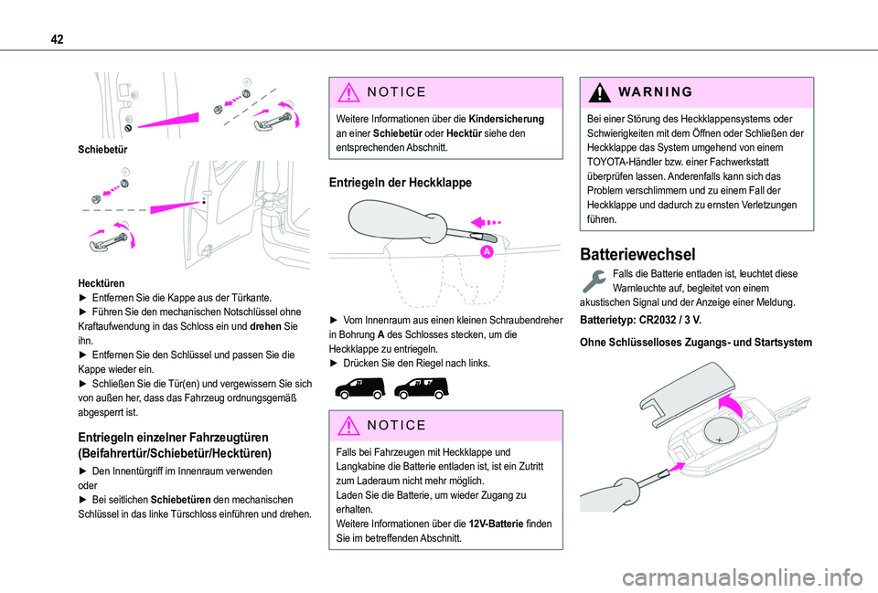 TOYOTA PROACE CITY 2022  Betriebsanleitungen (in German) 42
 
Schiebetür 
 
Hecktüren► Entfernen Sie die Kappe aus der Türkante.► Führen Sie den mechanischen Notschlüssel ohne Kraftaufwendung in das Schloss ein und drehen Sie ihn.► Entfernen Sie 
