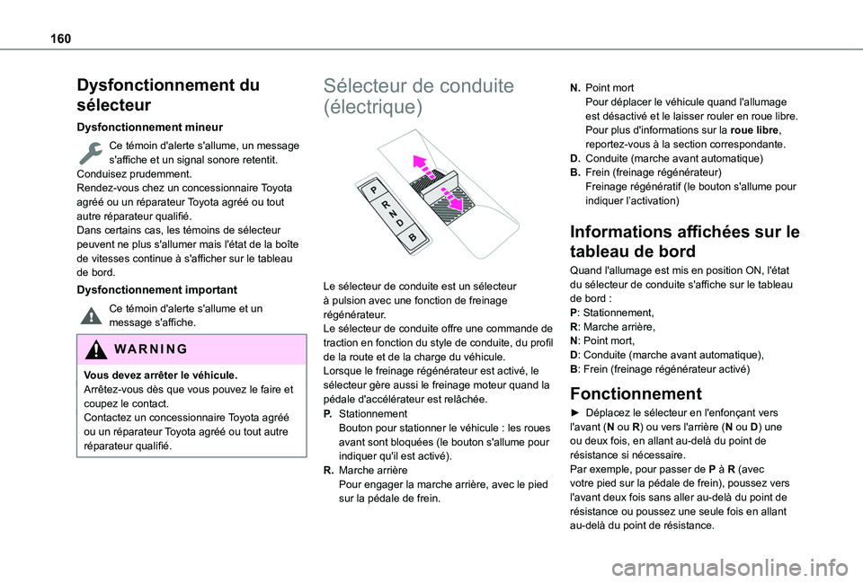 TOYOTA PROACE CITY 2022 Manuel du propriétaire (in French) 160
Dysfonctionnement du
sélecteur
Dysfonctionnement mineur
Ce témoin d'alerte s'allume, un message s'affiche et un signal sonore retentit.Conduisez prudemment.Rendez-vous chez un conce TOYOTA PROACE CITY 2022 Manuel du propriétaire (in French) 160
Dysfonctionnement du
sélecteur
Dysfonctionnement mineur
Ce témoin d'alerte s'allume, un message s'affiche et un signal sonore retentit.Conduisez prudemment.Rendez-vous chez un conce
