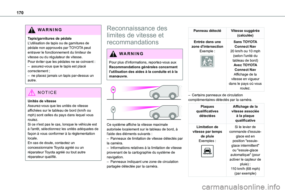 TOYOTA PROACE CITY 2022 Manuel du propriétaire (in French) 170
WARNI NG
Tapis/garnitures de pédaleL'utilisation de tapis ou de garnitures de pédale non approuvés par TOYOTA peut entraver le fonctionnement du limiteur de vitesse ou du régulateur de vit TOYOTA PROACE CITY 2022 Manuel du propriétaire (in French) 170
WARNI NG
Tapis/garnitures de pédaleL'utilisation de tapis ou de garnitures de pédale non approuvés par TOYOTA peut entraver le fonctionnement du limiteur de vitesse ou du régulateur de vit