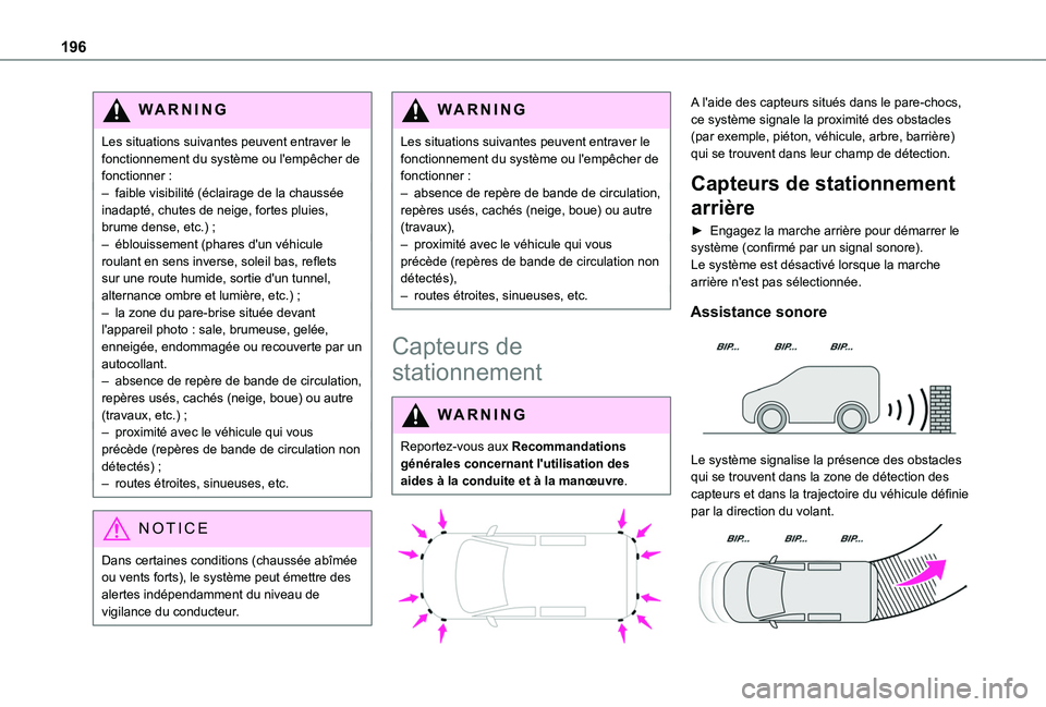 TOYOTA PROACE CITY 2022 Manuel du propriétaire (in French) 196
WARNI NG
Les situations suivantes peuvent entraver le fonctionnement du système ou l'empêcher de fonctionner :– faible visibilité (éclairage de la chaussée inadapté, chutes de neige, f TOYOTA PROACE CITY 2022 Manuel du propriétaire (in French) 196
WARNI NG
Les situations suivantes peuvent entraver le fonctionnement du système ou l'empêcher de fonctionner :– faible visibilité (éclairage de la chaussée inadapté, chutes de neige, f