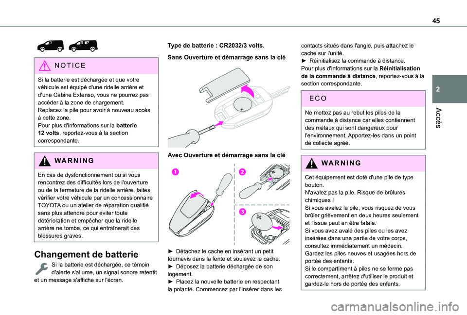 TOYOTA PROACE CITY 2022 Manuel du propriétaire (in French) 45
Accès
2
NOTIC E
Si la batterie est déchargée et que votre véhicule est équipé d'une ridelle arrière et d'une Cabine Extenso, vous ne pourrez pas accéder à la zone de chargement.R TOYOTA PROACE CITY 2022 Manuel du propriétaire (in French) 45
Accès
2
NOTIC E
Si la batterie est déchargée et que votre véhicule est équipé d'une ridelle arrière et d'une Cabine Extenso, vous ne pourrez pas accéder à la zone de chargement.R