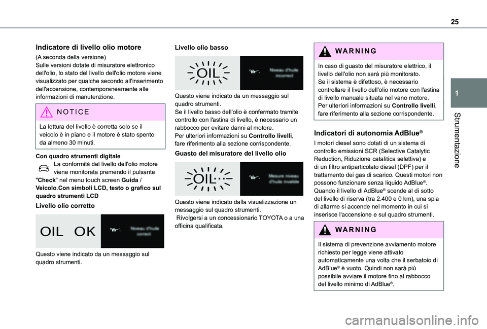 TOYOTA PROACE CITY 2022  Manuale duso (in Italian) 25
Strumentazione
1
Indicatore di livello olio motore
(A seconda della versione)Sulle versioni dotate di misuratore elettronico dell'olio, lo stato del livello dell'olio motore viene visualizz