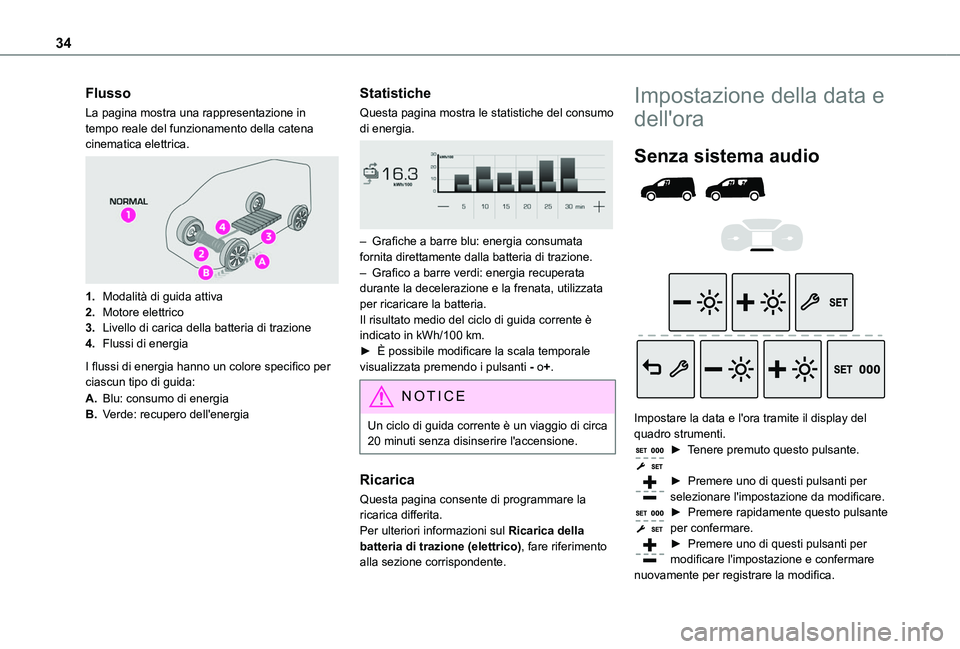 TOYOTA PROACE CITY 2022  Manuale duso (in Italian) 34
Flusso
La pagina mostra una rappresentazione in tempo reale del funzionamento della catena cinematica elettrica. 
 
1.Modalità di guida attiva
2.Motore elettrico
3.Livello di carica della batteria