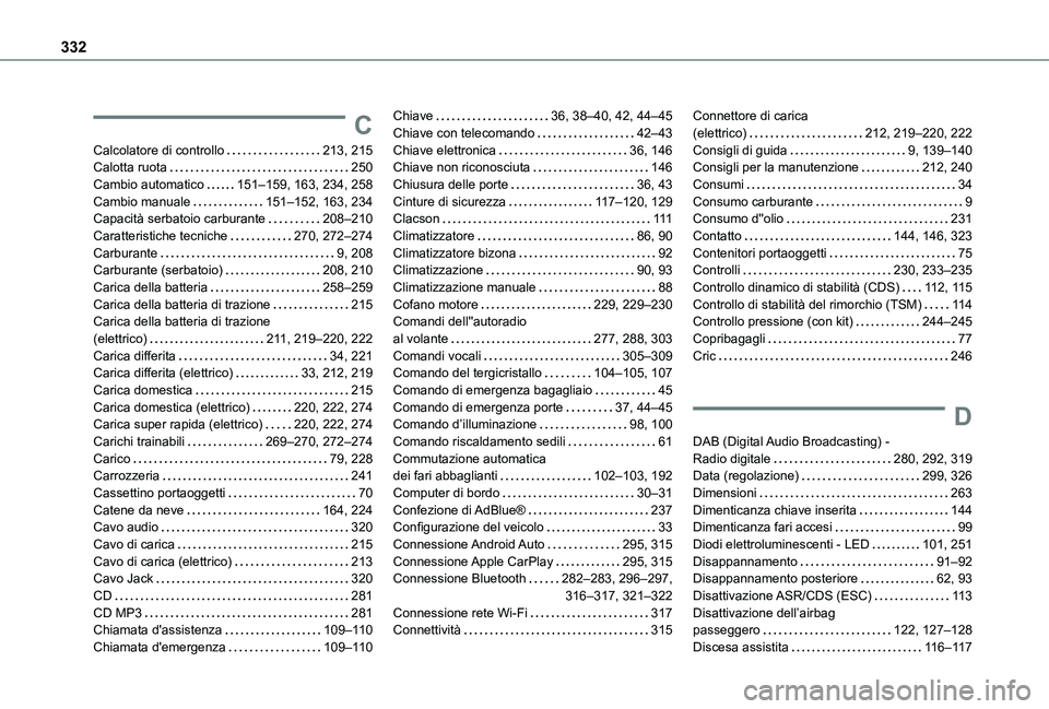 TOYOTA PROACE CITY 2022  Manuale duso (in Italian) 332
C
Calcolatore di controllo   213, 215Calotta ruota   250Cambio automatico   151–159, 163, 234, 258Cambio manuale   151–152, 163, 234Capacità serbatoio carburante   208–210Caratteristiche te