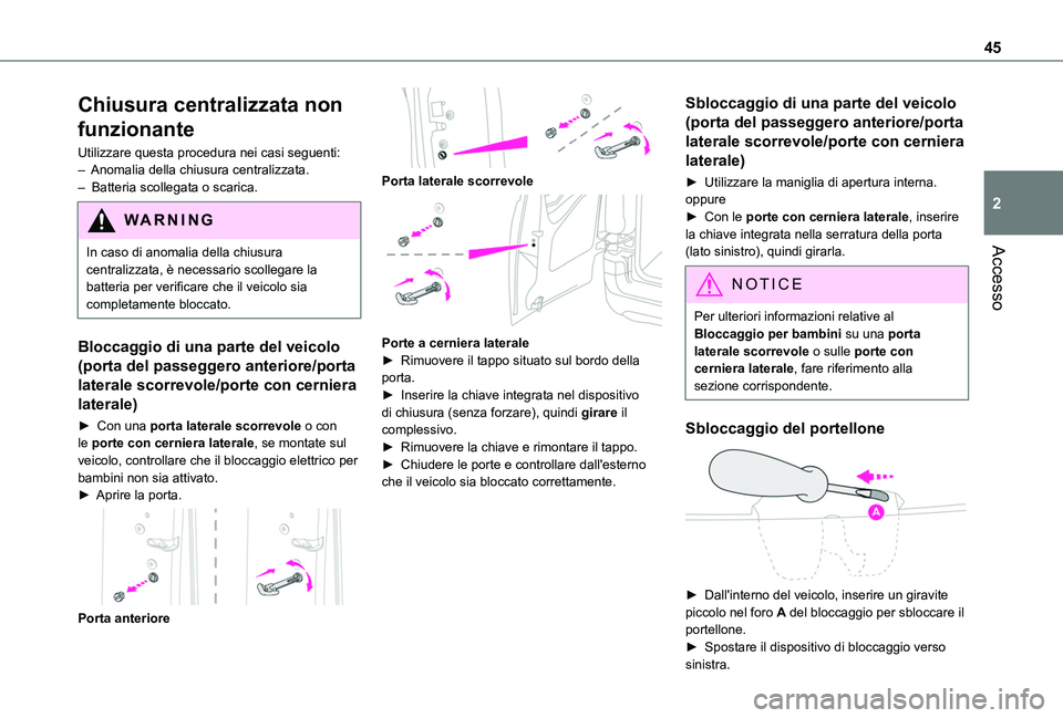 TOYOTA PROACE CITY 2022 Manuale duso (in Italian) 45
Accesso
2
Chiusura centralizzata non
funzionante
Utilizzare questa procedura nei casi seguenti:– Anomalia della chiusura centralizzata.– Batteria scollegata o scarica.
WARNI NG
In caso di ano TOYOTA PROACE CITY 2022 Manuale duso (in Italian) 45
Accesso
2
Chiusura centralizzata non
funzionante
Utilizzare questa procedura nei casi seguenti:– Anomalia della chiusura centralizzata.– Batteria scollegata o scarica.
WARNI NG
In caso di ano