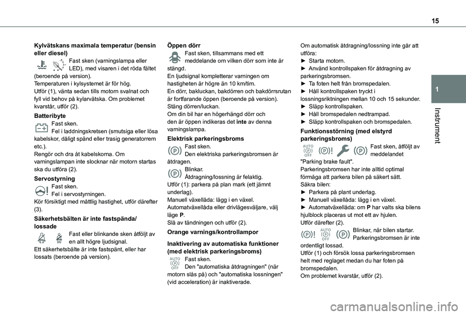 TOYOTA PROACE CITY 2022  Bruksanvisningar (in Swedish) 15
Instrument
1
Kylvätskans maximala temperatur (bensin eller diesel)
90°CFast sken (varningslampa eller LED), med visaren i det röda fältet (beroende på version).Temperaturen i kylsystemet är f