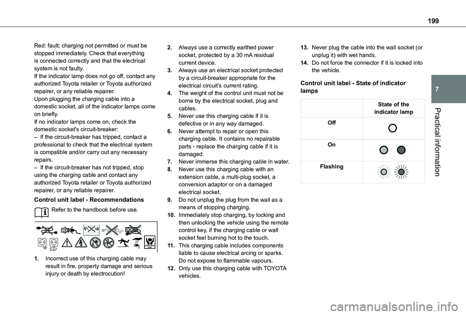TOYOTA PROACE CITY EV 2022 Owners Manual 199
Practical information
7
Red: fault; charging not permitted or must be stopped immediately. Check that everything is connected correctly and that the electrical system is not faulty.If the indicato TOYOTA PROACE CITY EV 2022 Owners Manual 199
Practical information
7
Red: fault; charging not permitted or must be stopped immediately. Check that everything is connected correctly and that the electrical system is not faulty.If the indicato
