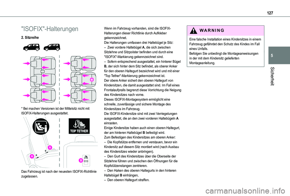 TOYOTA PROACE CITY EV 2022 Betriebsanleitungen (in German) 127
Sicherheit
5
"ISOFIX"-Halterungen
2. Sitzreihe
* Bei machen Versionen ist der Mittelsitz nicht mit ISOFIX-Halterungen ausgestattet.
Das Fahrzeug ist nach der neuesten ISOFIX-Richt TOYOTA PROACE CITY EV 2022 Betriebsanleitungen (in German) 127
Sicherheit
5
"ISOFIX"-Halterungen
2. Sitzreihe
* Bei machen Versionen ist der Mittelsitz nicht mit ISOFIX-Halterungen ausgestattet.
Das Fahrzeug ist nach der neuesten ISOFIX-Richt