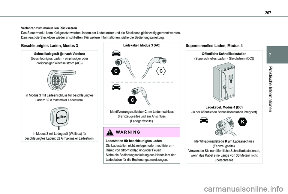 TOYOTA PROACE CITY EV 2022 Betriebsanleitungen (in German) 207
Praktische Informationen
7
Verfahren zum manuellen RücksetzenDas Steuermodul kann rückgesetzt werden, indem der Ladestecker und di\
e Steckdose gleichzeitig getrennt werden.Dann erst die Steckdo TOYOTA PROACE CITY EV 2022 Betriebsanleitungen (in German) 207
Praktische Informationen
7
Verfahren zum manuellen RücksetzenDas Steuermodul kann rückgesetzt werden, indem der Ladestecker und di\
e Steckdose gleichzeitig getrennt werden.Dann erst die Steckdo