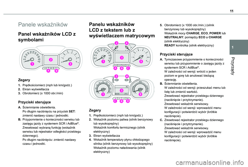 TOYOTA PROACE CITY EV 2022 Instrukcja obsługi (in Polish) 11
Przyrządy
1
Panele wskaźników
Panel wskaźników LCD z
symbolami
Zegary
1.Prędkościomierz (mph lub km/godz.)
2.Ekran wyświetlacza
3.Obrotomierz (x 1000 obr./min)
Przyciski sterujące
A.Ś TOYOTA PROACE CITY EV 2022 Instrukcja obsługi (in Polish) 11
Przyrządy
1
Panele wskaźników
Panel wskaźników LCD z
symbolami
Zegary
1.Prędkościomierz (mph lub km/godz.)
2.Ekran wyświetlacza
3.Obrotomierz (x 1000 obr./min)
Przyciski sterujące
A.Ś