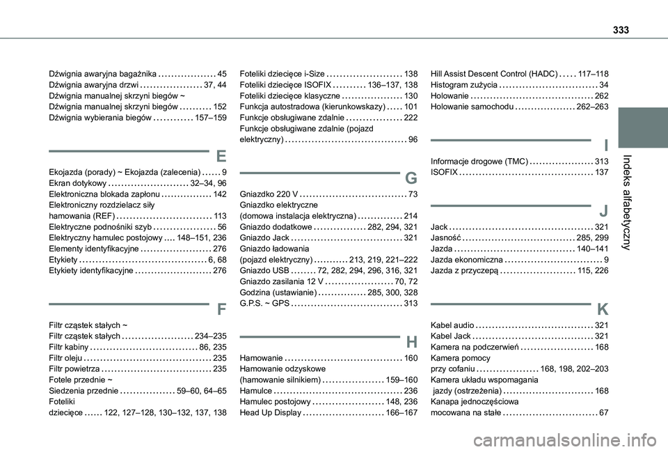 TOYOTA PROACE CITY EV 2022 Instrukcja obsługi (in Polish) 333
Indeks alfabetyczny
Dźwignia awaryjna bagażnika 45Dźwignia awaryjna drzwi 37, 44Dźwignia manualnej skrzyni biegów ~ Dźwignia manualnej skrzyni biegów 152Dźwignia wybierania biegów TOYOTA PROACE CITY EV 2022 Instrukcja obsługi (in Polish) 333
Indeks alfabetyczny
Dźwignia awaryjna bagażnika 45Dźwignia awaryjna drzwi 37, 44Dźwignia manualnej skrzyni biegów ~ Dźwignia manualnej skrzyni biegów 152Dźwignia wybierania biegów