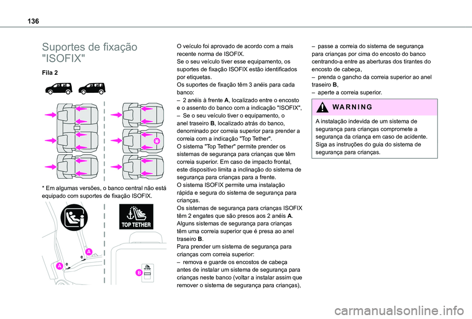 TOYOTA PROACE CITY EV 2022 Manual de utilização (in Portuguese) 136
Suportes de fixação
"ISOFIX"
Fila 2
* Em algumas versões, o banco central não está equipado com suportes de fixação ISOFIX.
O veículo foi aprovado de acordo com a mais re TOYOTA PROACE CITY EV 2022 Manual de utilização (in Portuguese) 136
Suportes de fixação
"ISOFIX"
Fila 2
* Em algumas versões, o banco central não está equipado com suportes de fixação ISOFIX.
O veículo foi aprovado de acordo com a mais re