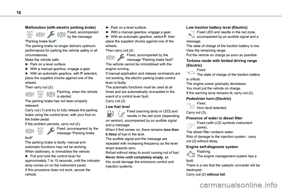 TOYOTA PROACE CITY VERSO 2022  Owners Manual 16
Malfunction (with electric parking brake)Fixed, accompanied by the message "Parking brake fault".The parking brake no longer delivers optimum performance for parking the vehicle safely in a