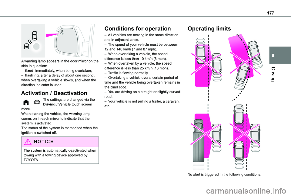 TOYOTA PROACE CITY VERSO 2022  Owners Manual 177
Driving
6 
A warning lamp appears in the door mirror on the side in question:– fixed, immediately, when being overtaken;– flashing, after a delay of about one second, when overtaking a vehicle