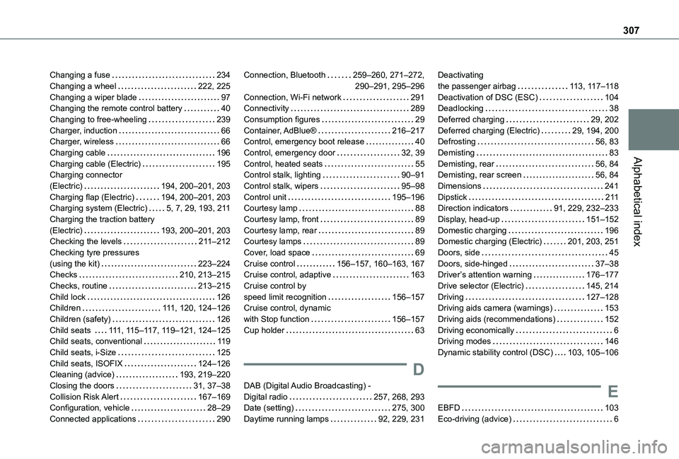 TOYOTA PROACE CITY VERSO 2022  Owners Manual 307
Alphabetical index
Changing a fuse   234Changing a wheel   222, 225Changing a wiper blade   97Changing the remote control battery   40Changing to free-wheeling   239Charger, induction   66Charger,