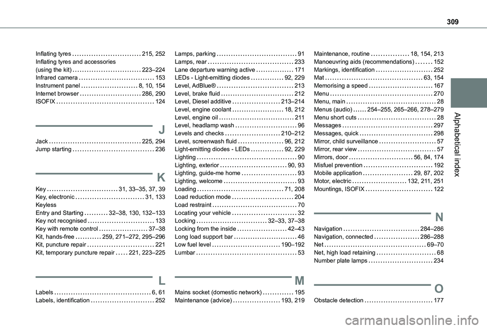 TOYOTA PROACE CITY VERSO 2022  Owners Manual 309
Alphabetical index
Inflating tyres   215, 252Inflating tyres and accessories  (using the kit)   223–224Infrared camera   153Instrument panel   8, 10, 154Internet browser   286, 290ISOFIX   124
J