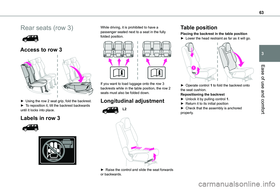 TOYOTA PROACE CITY VERSO 2022  Owners Manual 63
Ease of use and comfort
3
Rear seats (row 3) 
 
Access to row 3 
 
► Using the row 2 seat grip, fold the backrest.► To reposition it, tilt the backrest backwards until it locks into place.
Labe