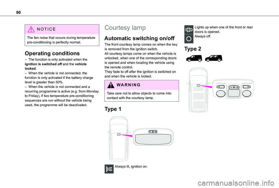 TOYOTA PROACE CITY VERSO 2022  Owners Manual 90
NOTIC E
The fan noise that occurs during temperature pre-conditioning is perfectly normal.
Operating conditions
– The function is only activated when the ignition is switched off and the vehicle 