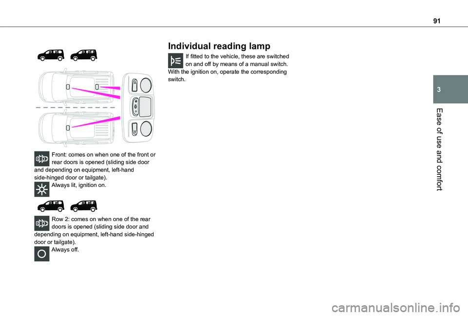 TOYOTA PROACE CITY VERSO 2022  Owners Manual 91
Ease of use and comfort
3
 
  
 
Front: comes on when one of the front or rear doors is opened (sliding side door and depending on equipment, left-hand side-hinged door or tailgate).Always lit, ign