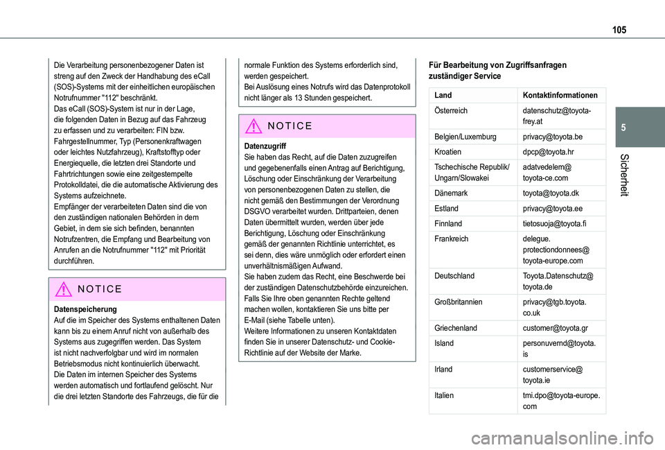 TOYOTA PROACE CITY VERSO 2022 Betriebsanleitungen (in German) 105
Sicherheit
5
Die Verarbeitung personenbezogener Daten ist streng auf den Zweck der Handhabung des eCall (SOS)-Systems mit der einheitlichen europäischen Notrufnummer "112" beschränkt.Das TOYOTA PROACE CITY VERSO 2022 Betriebsanleitungen (in German) 105
Sicherheit
5
Die Verarbeitung personenbezogener Daten ist streng auf den Zweck der Handhabung des eCall (SOS)-Systems mit der einheitlichen europäischen Notrufnummer "112" beschränkt.Das