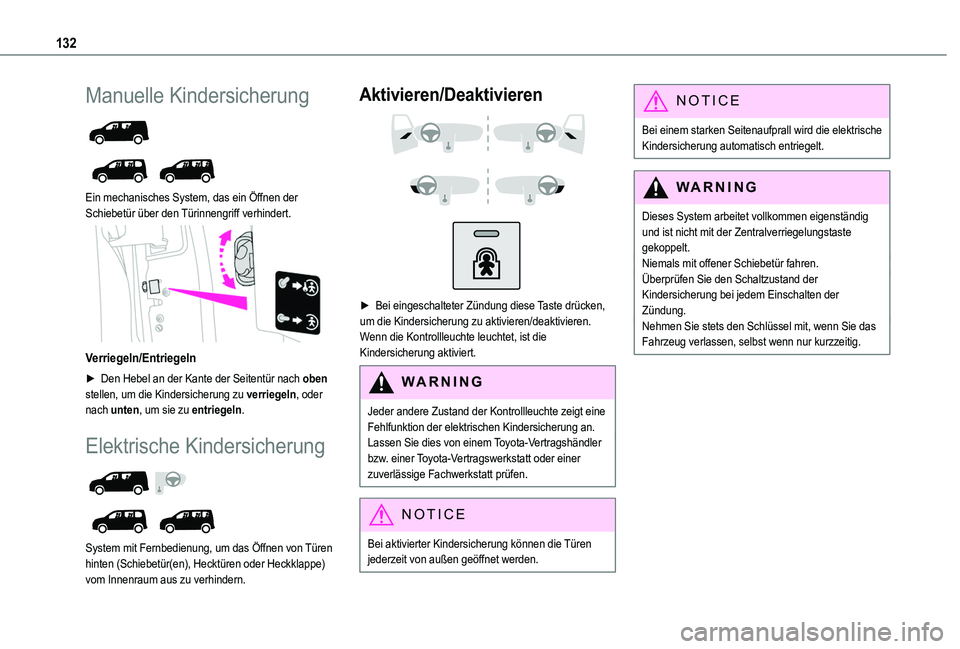 TOYOTA PROACE CITY VERSO 2022 Betriebsanleitungen (in German) 132
Manuelle Kindersicherung
Ein mechanisches System, das ein Öffnen der Schiebetür über den Türinnengriff verhindert.
Verriegeln/Entriegeln
► Den Hebel an der Kante der Seitentür nach TOYOTA PROACE CITY VERSO 2022 Betriebsanleitungen (in German) 132
Manuelle Kindersicherung
Ein mechanisches System, das ein Öffnen der Schiebetür über den Türinnengriff verhindert.
Verriegeln/Entriegeln
► Den Hebel an der Kante der Seitentür nach