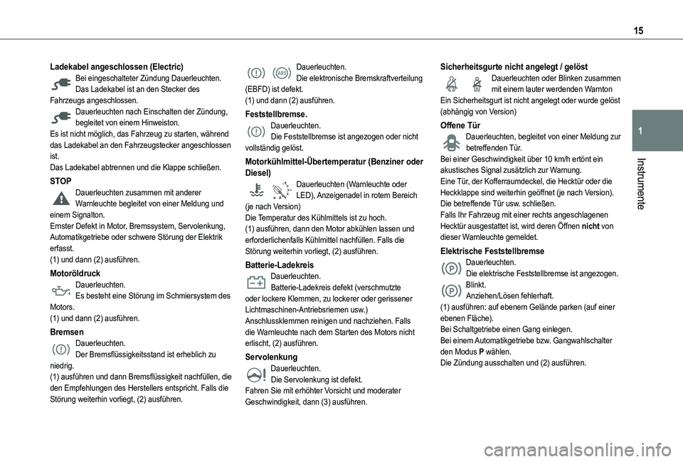 TOYOTA PROACE CITY VERSO 2022  Betriebsanleitungen (in German) 15
Instrumente
1
Ladekabel angeschlossen (Electric)Bei eingeschalteter Zündung Dauerleuchten.Das Ladekabel ist an den Stecker des Fahrzeugs angeschlossen.Dauerleuchten nach Einschalten der Zündung, 