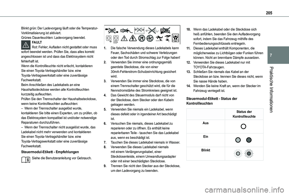 TOYOTA PROACE CITY VERSO 2022 Betriebsanleitungen (in German) 205
Praktische Informationen
7
Blinkt grün: Der Ladevorgang läuft oder die Temperatur-Vorklimatisierung ist aktiviert.Grünes Dauerleuchten: Ladevorgang beendet.FAULTRot: Fehler; Aufladen nicht gest TOYOTA PROACE CITY VERSO 2022 Betriebsanleitungen (in German) 205
Praktische Informationen
7
Blinkt grün: Der Ladevorgang läuft oder die Temperatur-Vorklimatisierung ist aktiviert.Grünes Dauerleuchten: Ladevorgang beendet.FAULTRot: Fehler; Aufladen nicht gest