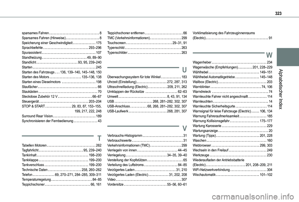 TOYOTA PROACE CITY VERSO 2022 Betriebsanleitungen (in German) 323
Alphabetischer Index
sparsames Fahren 8Sparsames Fahren (Hinweise) 8Speicherung einer Geschwindigkeit 175Sprachbefehle 293–296Spurassistent 107Standheizung 49, 89–90Standlicht 93 TOYOTA PROACE CITY VERSO 2022 Betriebsanleitungen (in German) 323
Alphabetischer Index
sparsames Fahren 8Sparsames Fahren (Hinweise) 8Speicherung einer Geschwindigkeit 175Sprachbefehle 293–296Spurassistent 107Standheizung 49, 89–90Standlicht 93