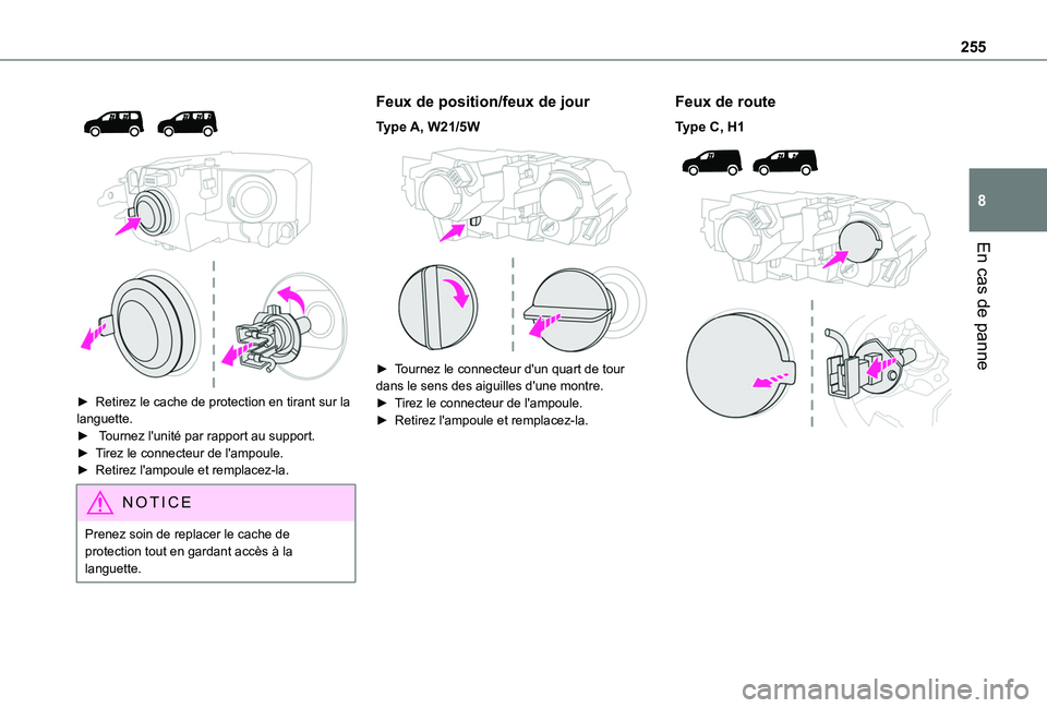 TOYOTA PROACE CITY VERSO 2022  Manuel du propriétaire (in French) 255
En cas de panne
8
 
  
 
► Retirez le cache de protection en tirant sur la languette. ►  Tournez l'unité par rapport au support.► Tirez le connecteur de l'ampoule.►  Retirez l'