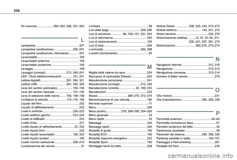 TOYOTA PROACE CITY VERSO 2022  Manuale duso (in Italian) 334
Kit vivavoce   282–283, 296, 321–322
L
Lampadine   251Lampadine (sostituzione)   250–251Lampadine (sostituzione, riferimento)   251Lavacristallo   105Lavacristallo anteriore   105Lavacristal